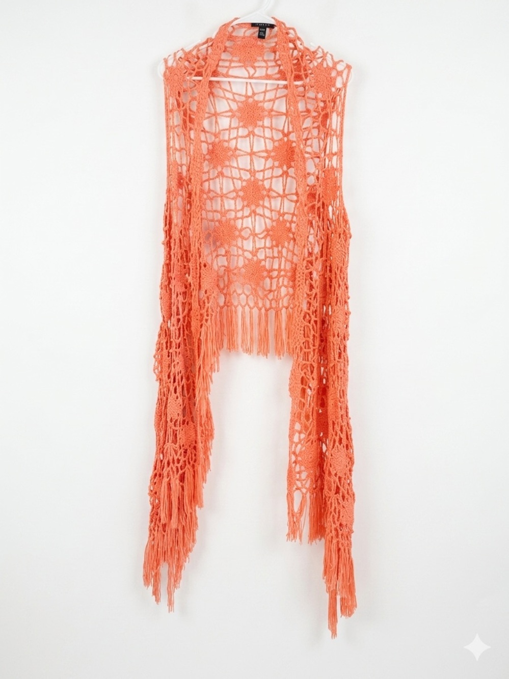 Festival UK2LA Crochet Fringe Vest Peach Coral Open Knit Duster Cardigan Size M